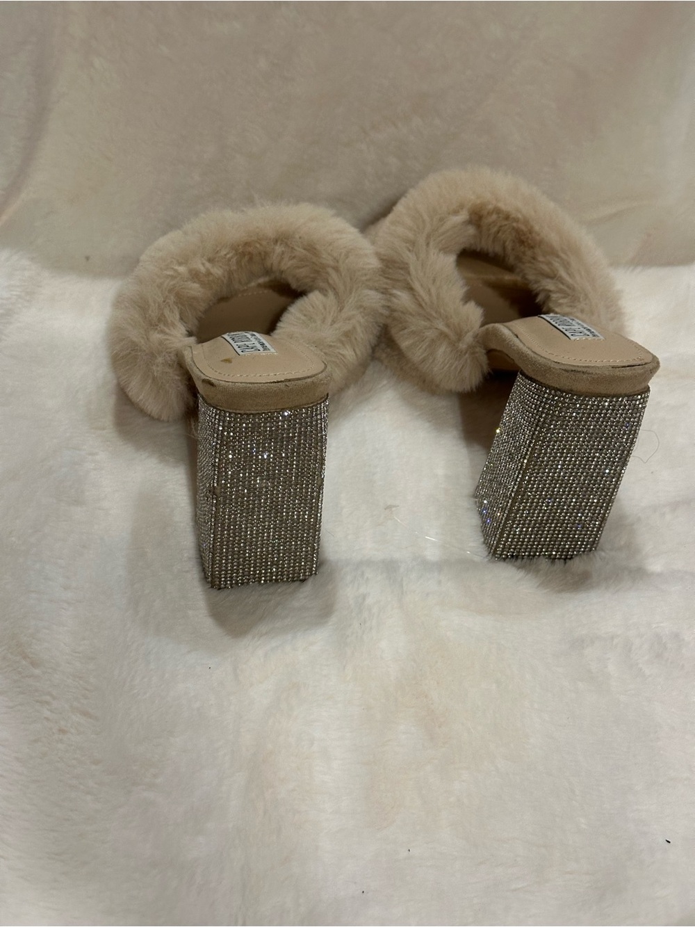 Cape Robbin Tan Faux-Fur Slide Heels with Rhinestone Block Heel - Picture 3 of 6